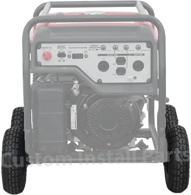 Rear view of a generator with the fixed axle wheel kit installed, featuring four black 10 inch all-terrain tires.