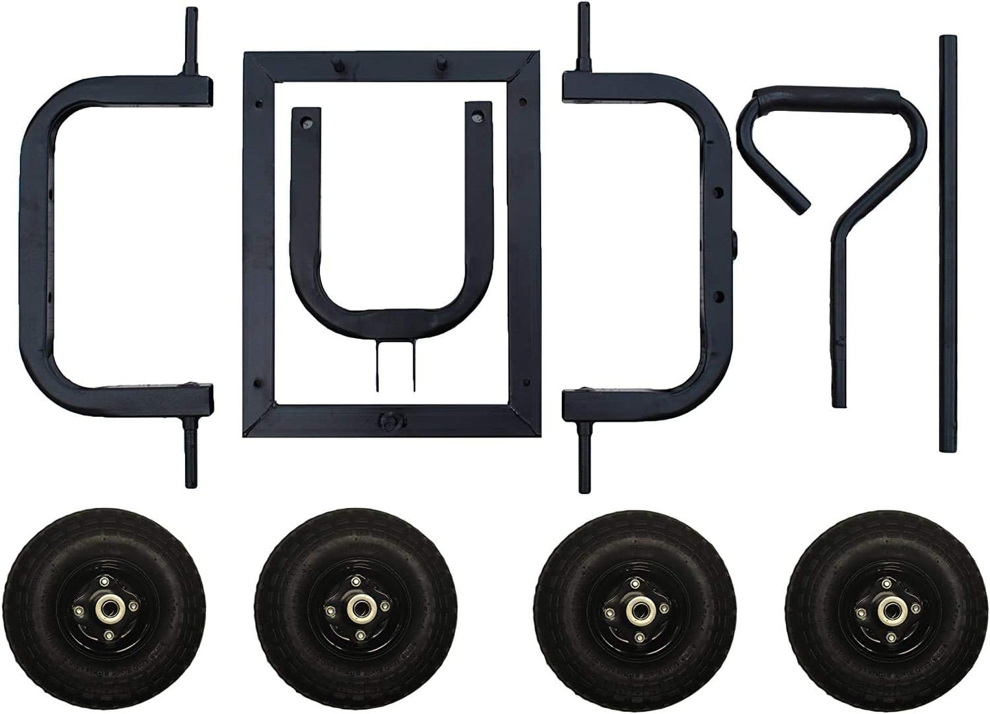 Set of black metal brackets and wheels on a white background