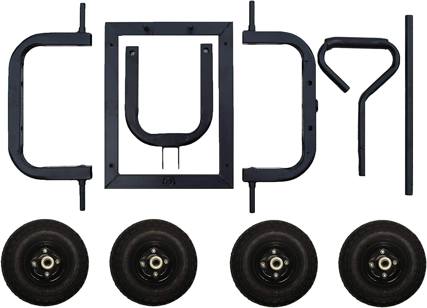 Set of black metal brackets and wheels on a white background