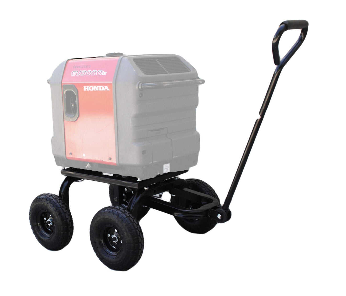 A set of wheels attached to a metal frame with a handle, designed to fit and transport a Honda EU3000is generator.