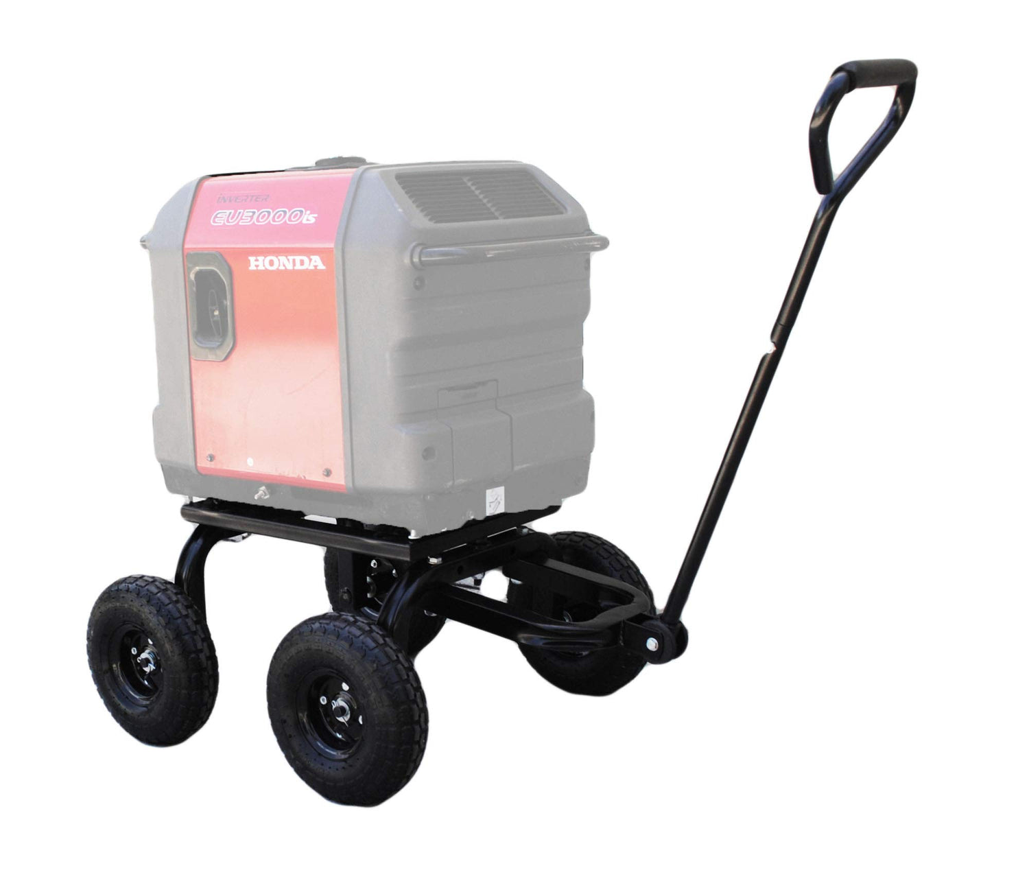 A set of wheels attached to a metal frame with a handle, designed to fit and transport a Honda EU3000is generator.