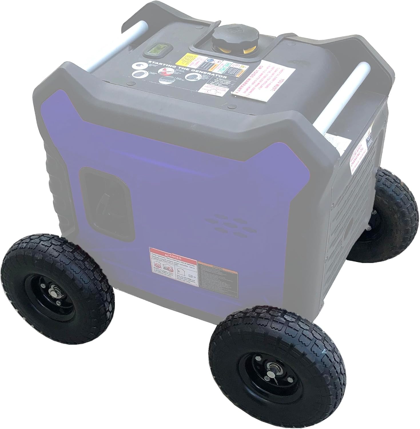 A set of four black pneumatic air tires with a locking hub, designed to be installed on a generator for improved mobility.