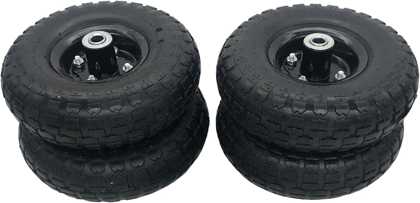 Two black rubber wheels with metal hubs on a white background