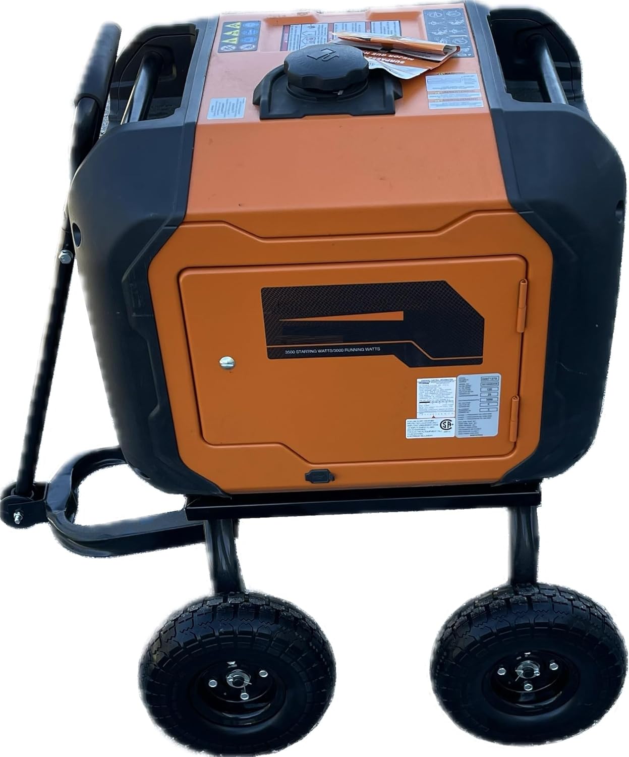 An orange and black all-terrain wagon cart with solid never-flat tires and a black handle, designed to fit Generac iQ3500 generator.