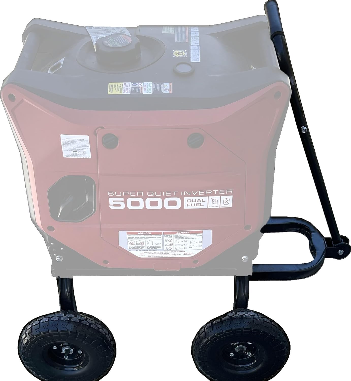 A black wagon cart with four wheels and a handle, designed to fit the Predator 5000 Inverter Generator, featuring stabilization and never flat tires.