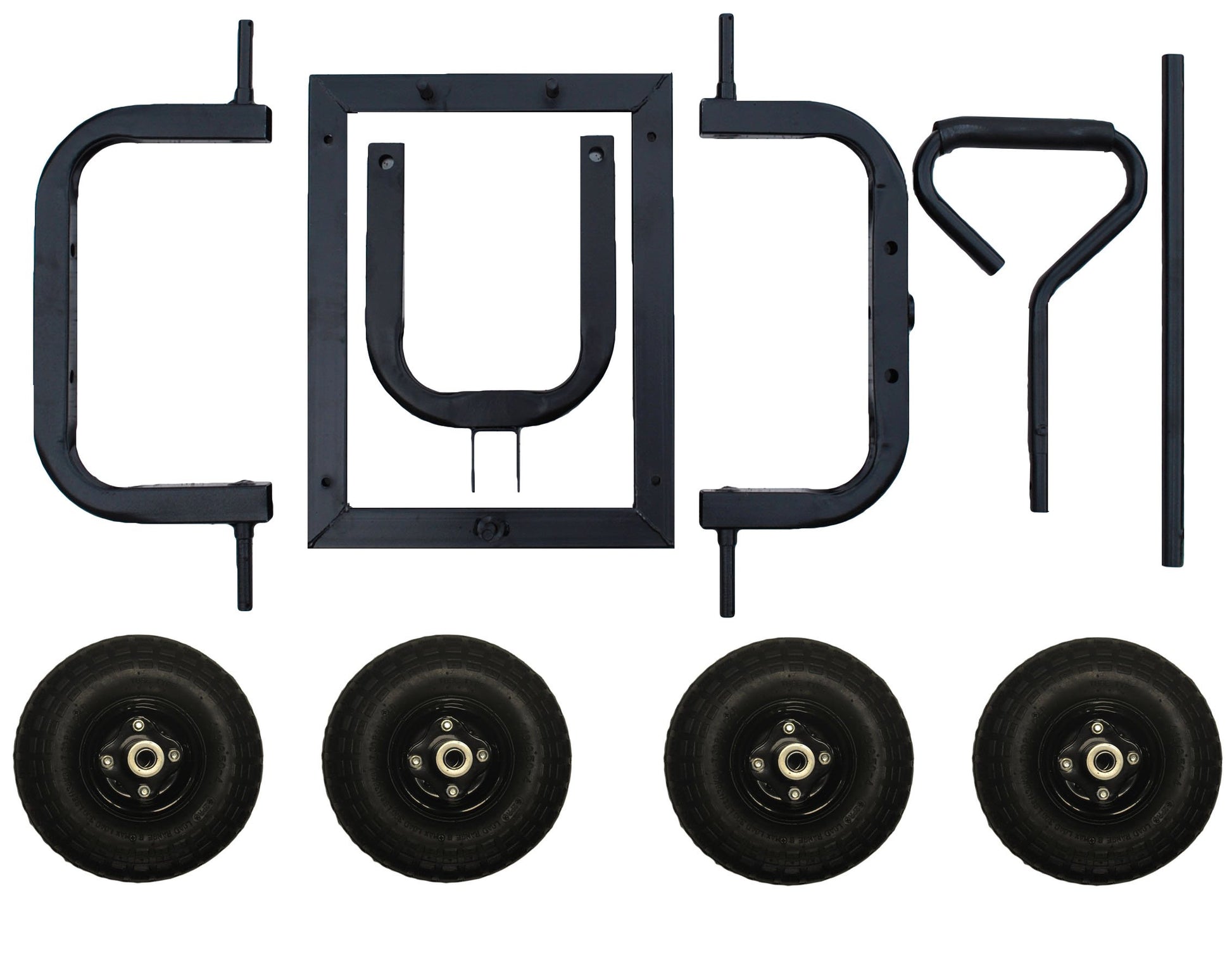 Set of black metal components and wheels on a white background