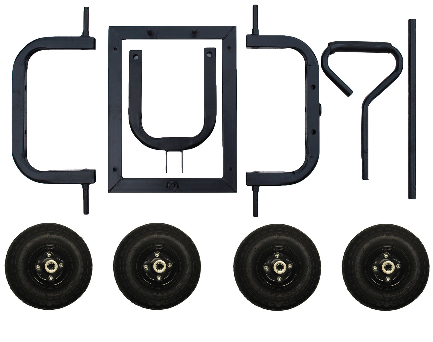 Set of black metal components and wheels on a white background