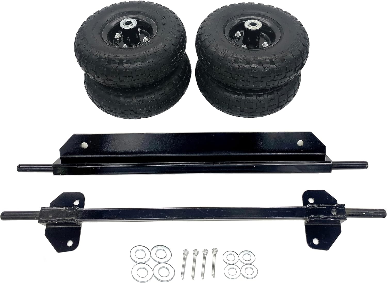 A set of four black never-flat tires with accompanying axles and installation hardware, intended for use with a portable inverter generator.