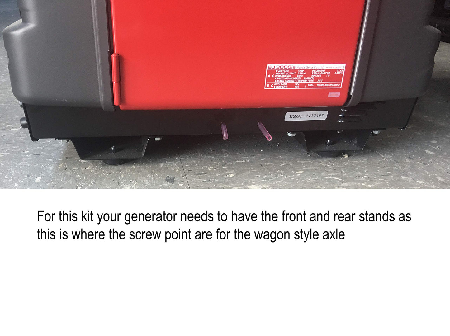 Red generator with text overlay explaining generator requirements for a kit.