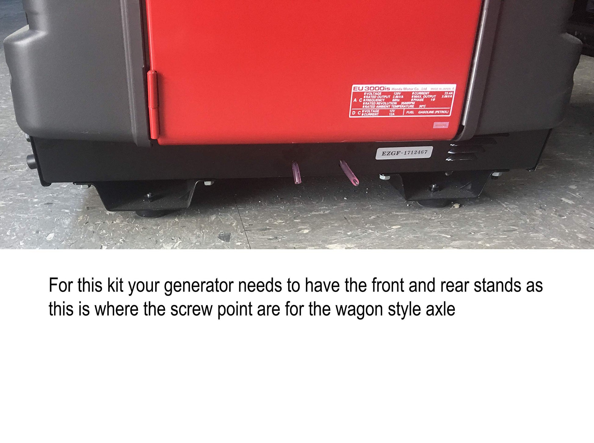 Red generator with text overlay explaining generator requirements for a kit.