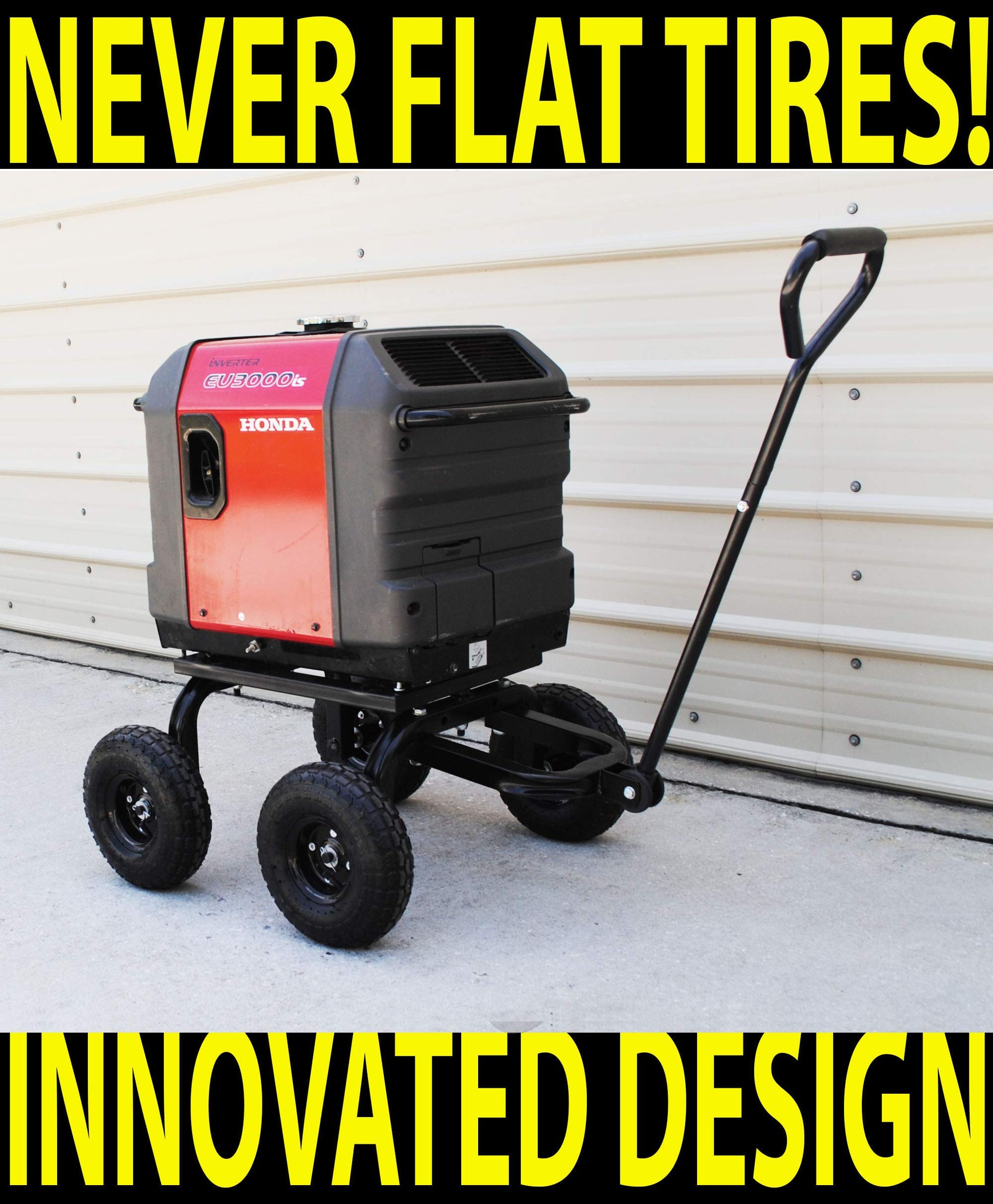 Portable generator with wheels and handle against a wall.