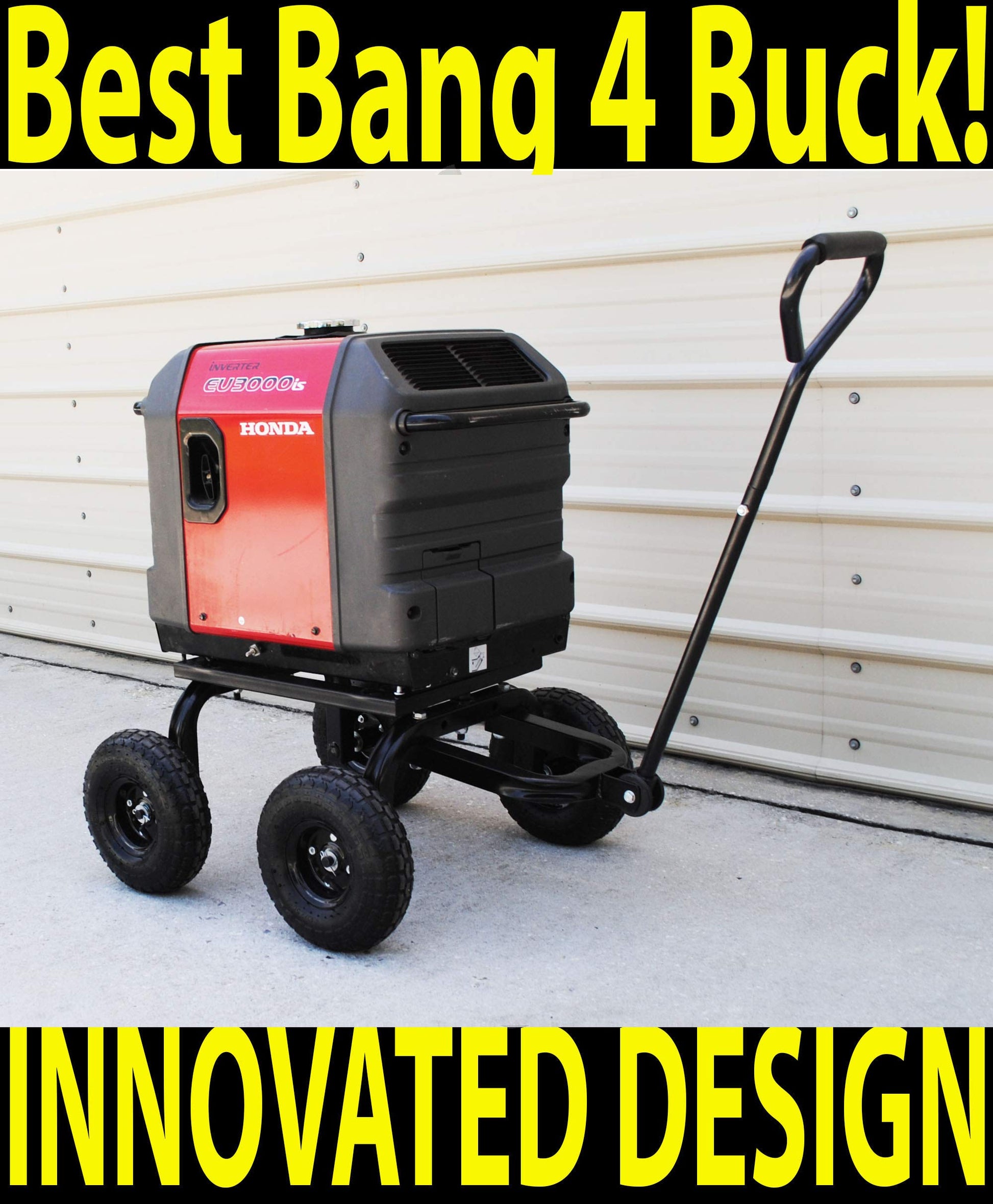 Portable generator on wheels with promotional text against a wall.